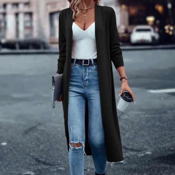 Black Casual Womens Solid Open Front Cardigan - Picture 4 of 5